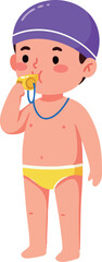 Boy wearing purple swim cap and yellow swimsuit blowing whistle vector illustration 