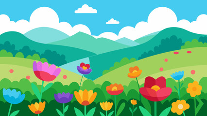 Fototapeta premium Field of Colorful Flowers in Foreground with Green Hills Beyond
