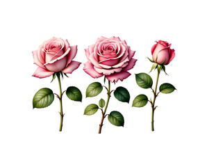 Naklejka premium Three Delicate Pink Roses with Green Stems and Leaves on a Black Background