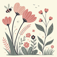 Delightful Floral Arrangement Featuring Blooming Flowers, Verdant Leaves, and a Buzzing Bee in a Playful, Whimsical Style Design