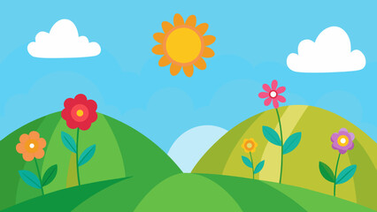 Naklejka premium Simple Cartoon Hills with Colorful Flowers and a Clear Blue Sky