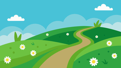 Fototapeta premium Green Grassy Hill with Daisy Flowers in Foreground a Spring Scene