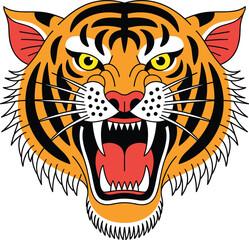 Roaring tiger head illustration, fierce wild animal face with sharp teeth, bold stripes, jungle predator, detailed vector art, wildlife design