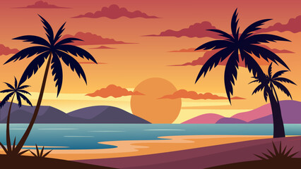 Obraz premium Sunset Beach with Palm Trees in Silhouette a Stunning Tropical View