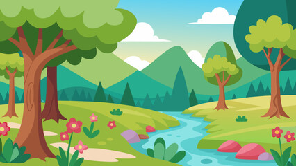 Naklejka premium Cartoon Riverside Forest with Blooming Flowers a Beautiful Nature Scene
