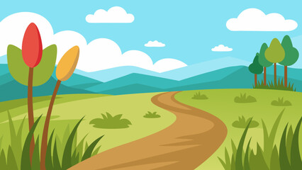 Obraz premium Cartoon Meadow featuring Tall Green Grass and a Serene Walking Path