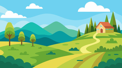 Fototapeta premium Cartoon Hilly Countryside with Rolling Green Meadows a Peaceful Vista