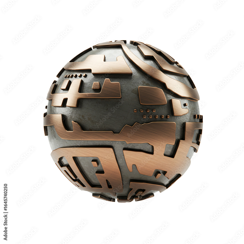 Poster a detailed spherical object showcases an intricate pattern of metallic copper-toned geometric segmen