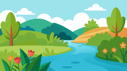 Fototapeta premium Cartoon Riverside Scene with Blooming Flowers and Lush Green Plants