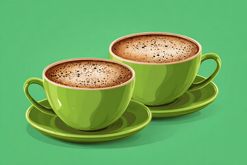 Two vibrant green coffee cups filled with frothy coffee on matching saucers against a bright background