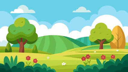 Obraz premium Cartoon Countryside Meadow with Green Shrubs and Rolling Hills