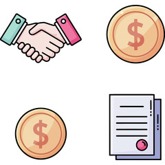 Business agreement and finance icon pack. Includes handshake, contract, and money symbols for commercial transactions.