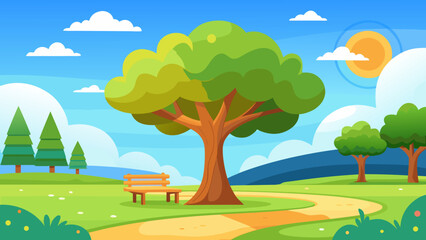Fototapeta premium Cartoon Bright Sunny Park with a Large Oak Tree on Green Grass