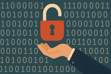 Hand holding unlocked padlock in front of binary code background symbolizing cybersecurity breach, data privacy vulnerability, hacking risk, digital security threat, information protection and online