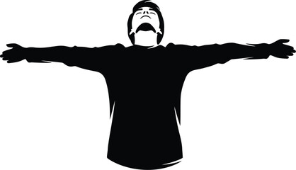Silhouette of a man with arms open looking up to the sky, a simple and minimal design for freedom and spirituality