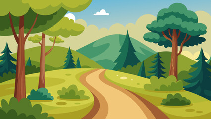 Obraz premium Cartoon Nature Trail Through a Lush Forest with Green Shrubs