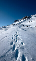 Obraz premium Footprints trace a snowy path leading to rocky mountain summit under a clear expansive blue sky creating a scenic winter landscape ideal for outdoor adventure and exploration theme