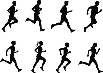 Running man and woman silhouettes, male female runners, jogging silhouettes, fitness exercise, healthy lifestyle, athletic people, active outdoors, black silhouettes, sports motion, speed running
