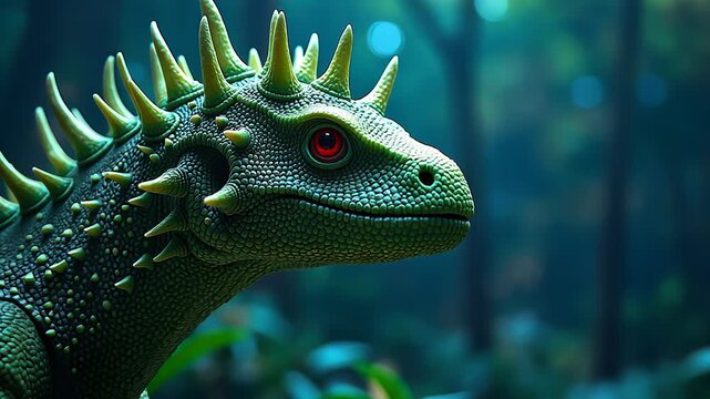 Spiky green dinosaur in lush forest