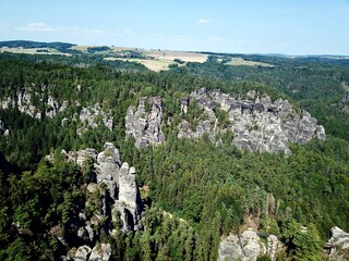 A drone photo taken from above of the Elbe Sandstone Mountains in Saxon Switzerland National Park