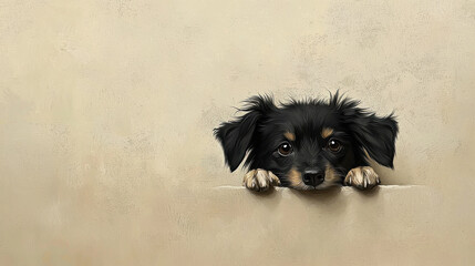 cute black dog peeking over beige wall, expressing curiosity and playfulness