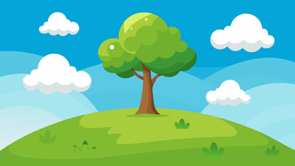 Obraz premium Cartoon Landscape with Grassy Hill a Tree and Fluffy Clouds Sky