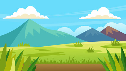 Fototapeta premium Cartoon Nature Scene with Grassy Plain Tall Grass and Blue Sky