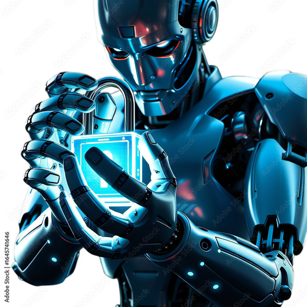Poster a futuristic robot holding a glowing digital padlock, symbolizing advanced technology, artificial in