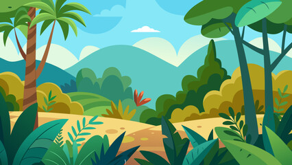 Cartoon Jungle Scene with Dense Foliage and Tropical Plants Adventure