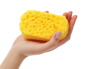 Yellow cleaning sponge in hand isolated on transparent or white background, png