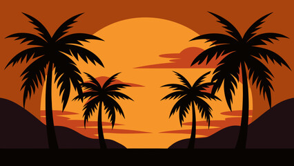 Palm Silhouettes Framing Glowing Orange Sky Tropical Evening Horizon View