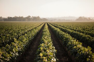Organized Green Farmland Rows at Dawn ai generated