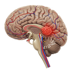 A detailed sagittal view of the human brain shows its complex anatomy and a highlighted red tumor, representing neurological disease and medical challenges.