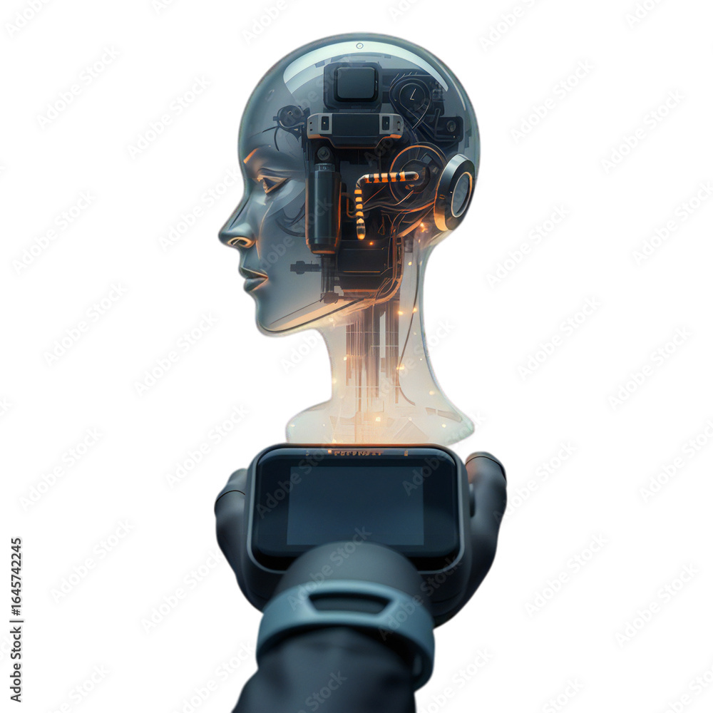 Poster a futuristic robot android humanoid head with visible circuitry and internal components, held by a g