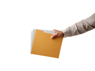 Hand presenting manila file folder with documents isolated on transparent or white background, png