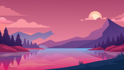 Beautiful Calm Lake with Pink Sunset Reflections a Peaceful Scene