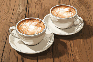 Two beautifully crafted cappuccino cups on wooden table with artistic latte art and warm ambiance