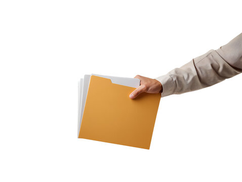 Hand presenting manila file folder with documents isolated on transparent or white background, png
