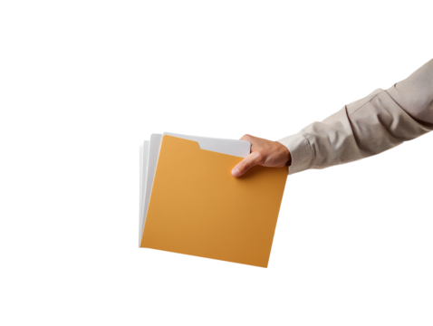 Hand presenting manila file folder with documents isolated on transparent or white background, png
