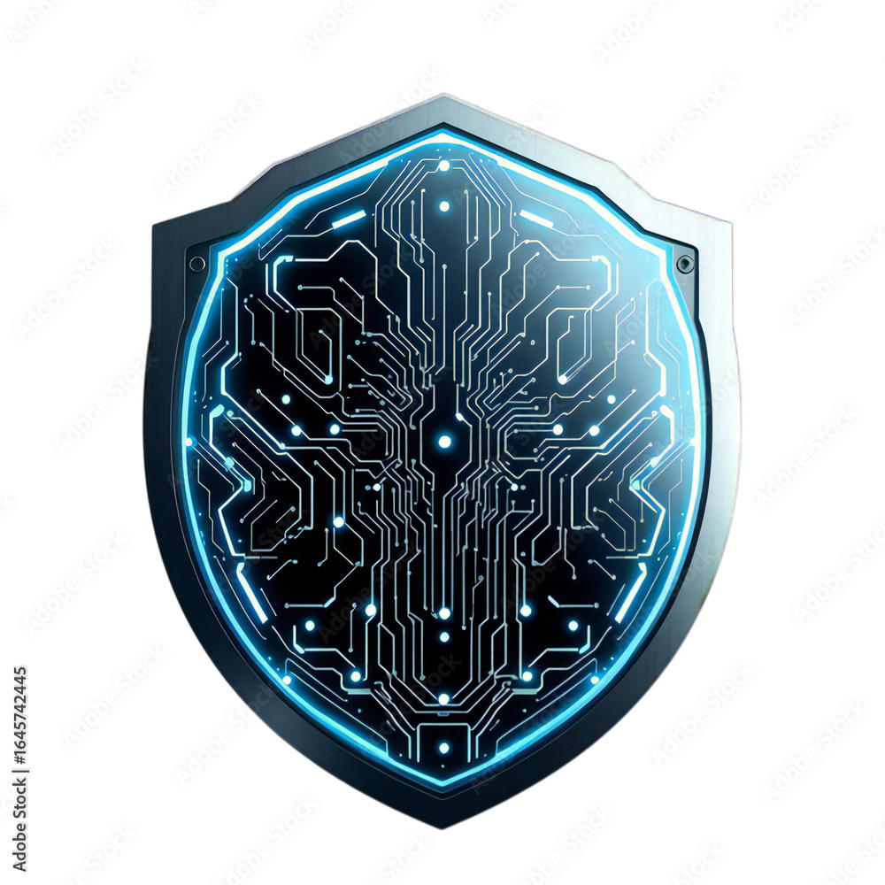 Poster futuristic digital shield with glowing blue circuit board pattern symbolizing cyber security, data p