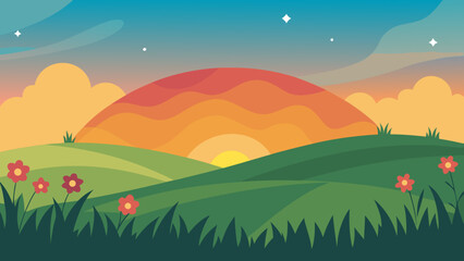Beautiful Sunset Sky Over a Grassy Hilltop with Blooming Flowers