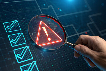 Close up of a hand holding a magnifying glass over a digital checklist with a glowing red warning triangle and exclamation mark symbol