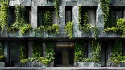Naklejka premium Modern Urban Building Design with Lush Greenery and Natural Elements
