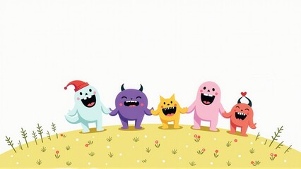 Obraz premium Five cheerful cartoon monsters joyfully hold hands while standing on a vibrant green hillside.