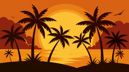 Palm Silhouettes Against a Golden Sunset Sky and Ocean