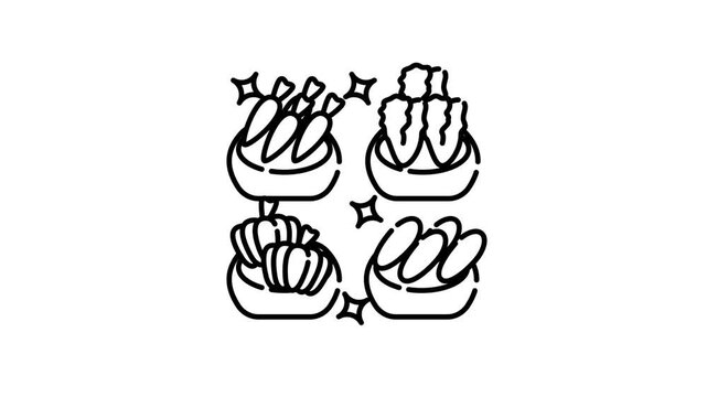 line art animation of Vegetables grocery section features four bowls filled with fresh carrots lettuce pumpkins and greens.