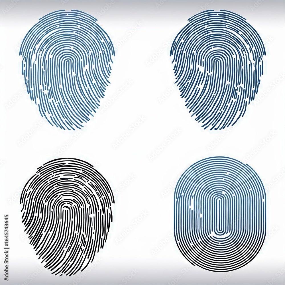 Poster unique fingerprint logo design set featuring detailed patterns in blue and black, ideal for branding