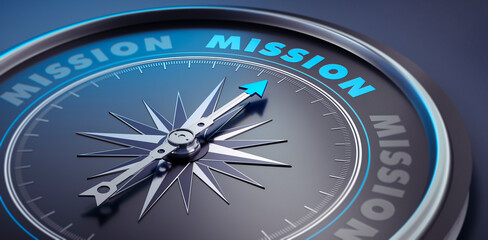 Dark stylish compass with needle pointing to the word mission - 3D illustration