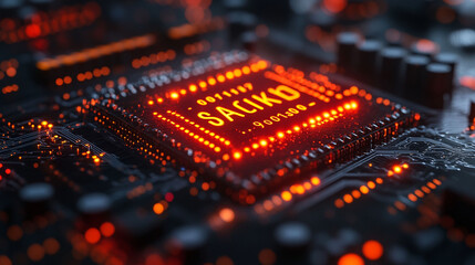 Obraz premium Close-up of glowing circuit board with processor chip displaying code.