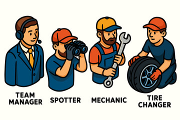Motorsport pit crew team roles illustration with team manager spotter mechanic and tire changer characters